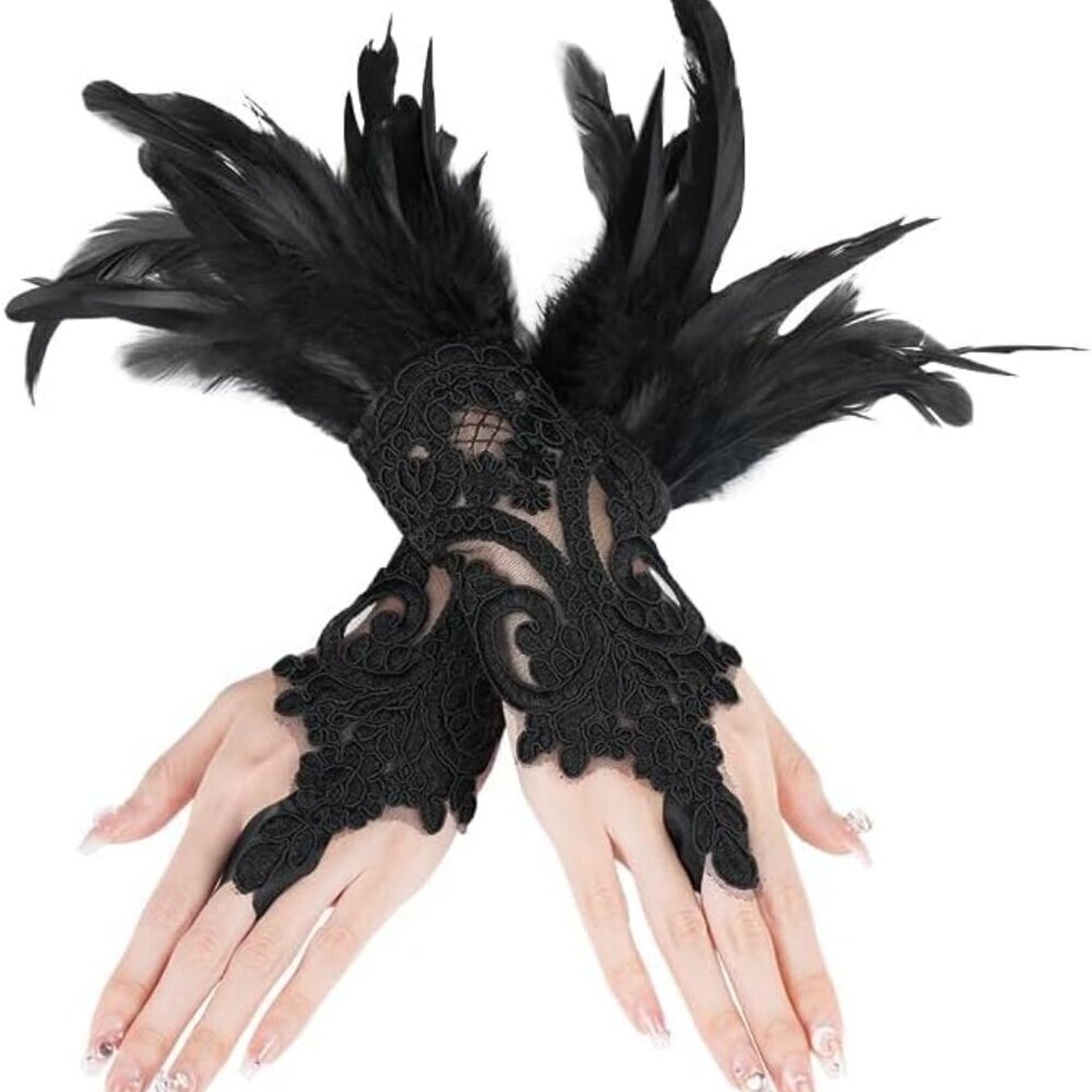 Women's Feather Lace Long Gloves Halloween Costume Accessories Pack of 2